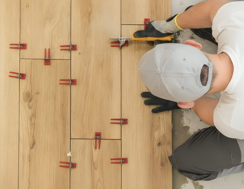 Equipe aplicando porcelanato com alinhamento e nivelamento